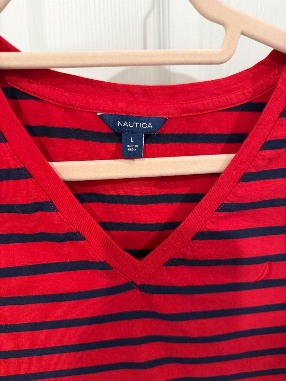 Nautica Red and Navy Striped V-Neck Short Sleeve Top - Picture 2 of 4